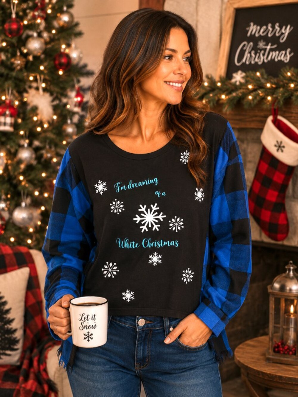 Upcycled Holiday Flannel Shirt Oversized White Christmas Snowflakes Size L-2XL